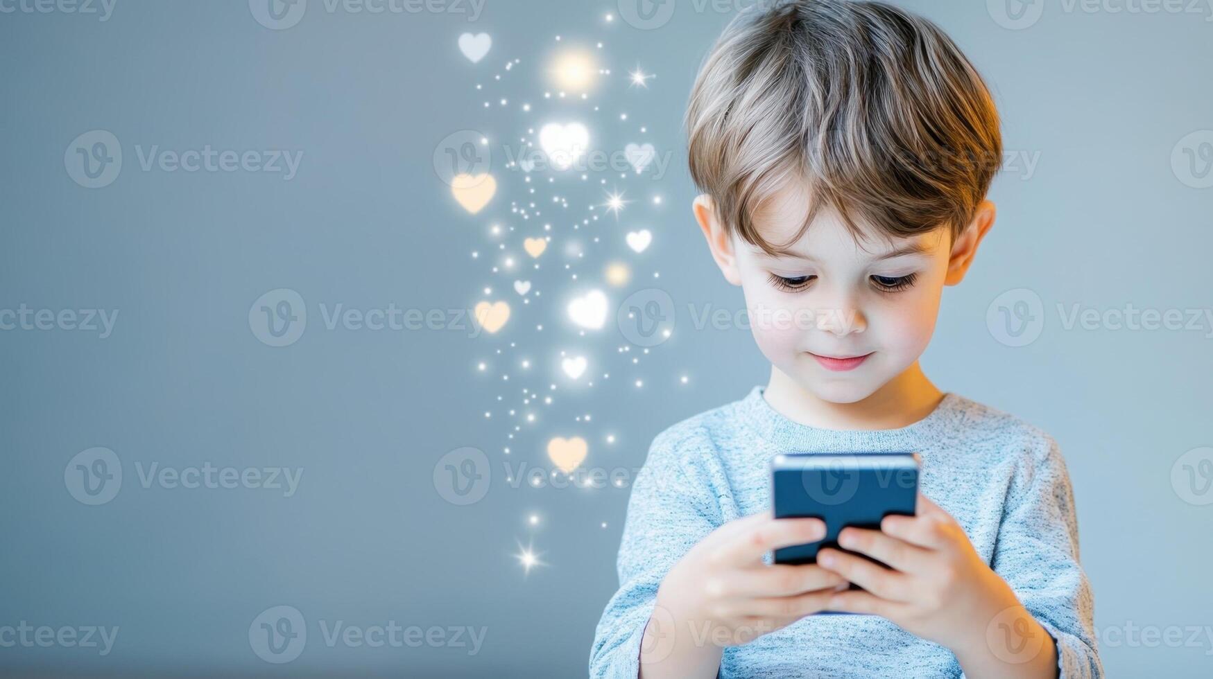 digital boy interacting with mobile Child hearts symbolizing love and connection in phone, age photo