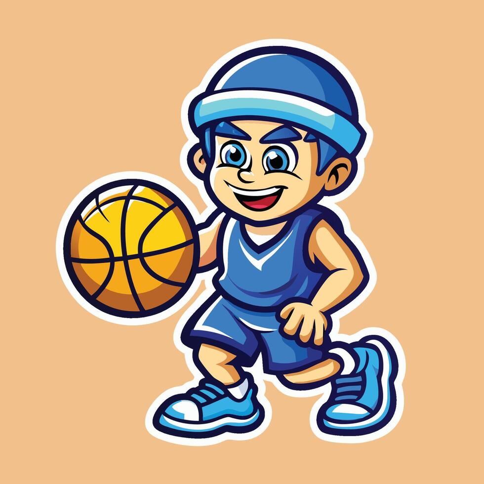 Character of a Cute Boy Dribbling a Basketball with a Determined Expression vector