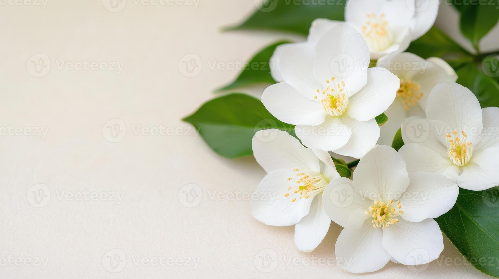 Sprigs of space flowers macro jasmine and green leaves are arranged on a white background, creating a natural border with copy white for text photo