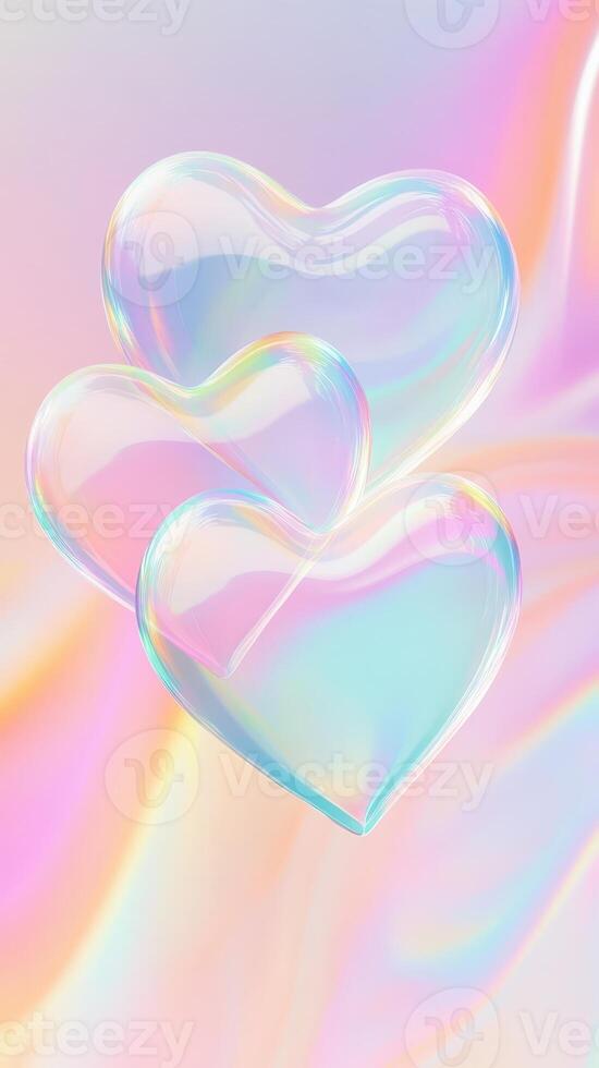 Iridescent valentine heart holography shaped bubbles ethereal drifting across soft pastel gradient, conveying delicate romantic mood and soap visual harmony background photo
