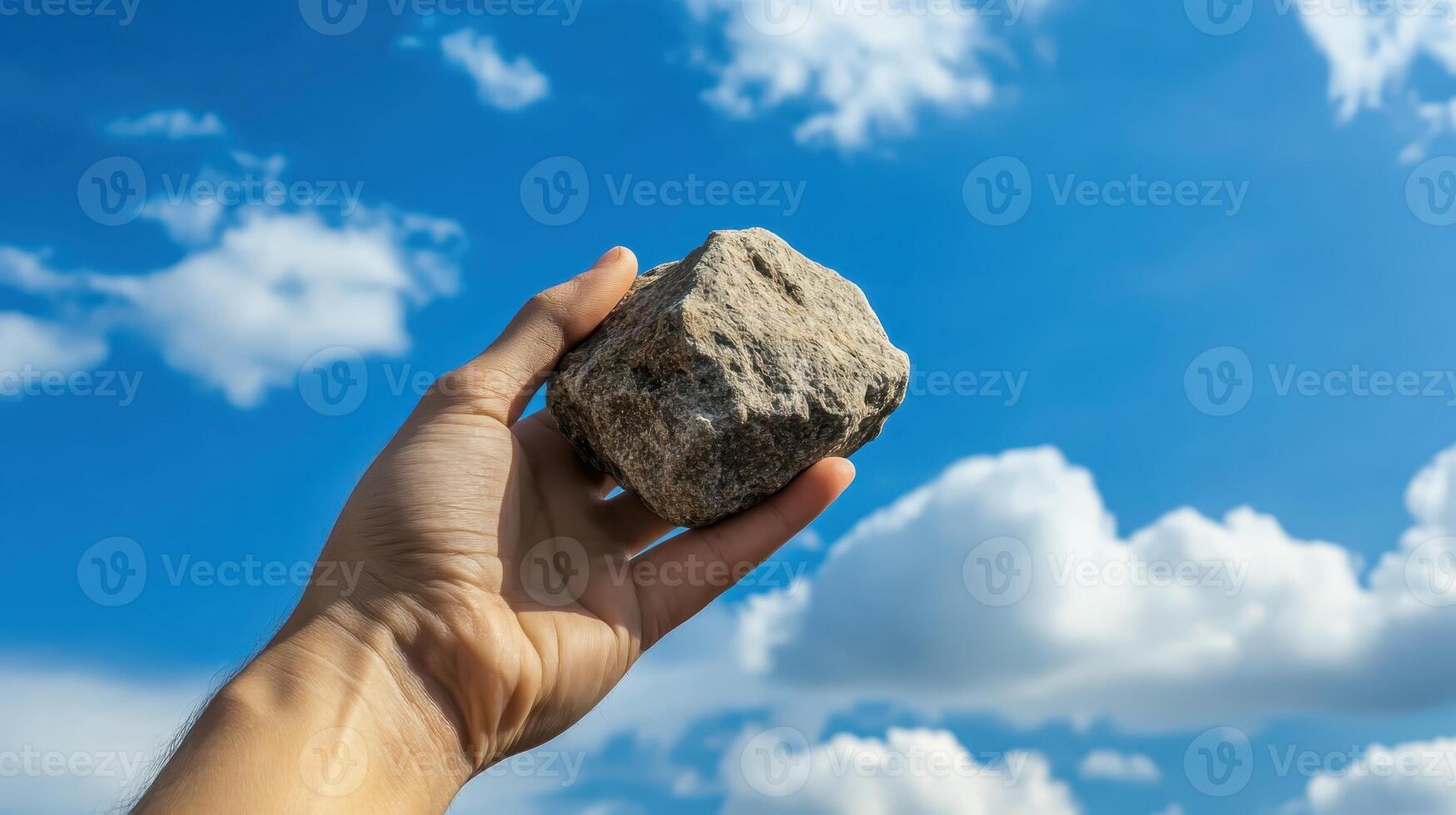 Hand holding a stone against a bright blue sky with fluffy clouds during a sunny day outdoors in nature photo