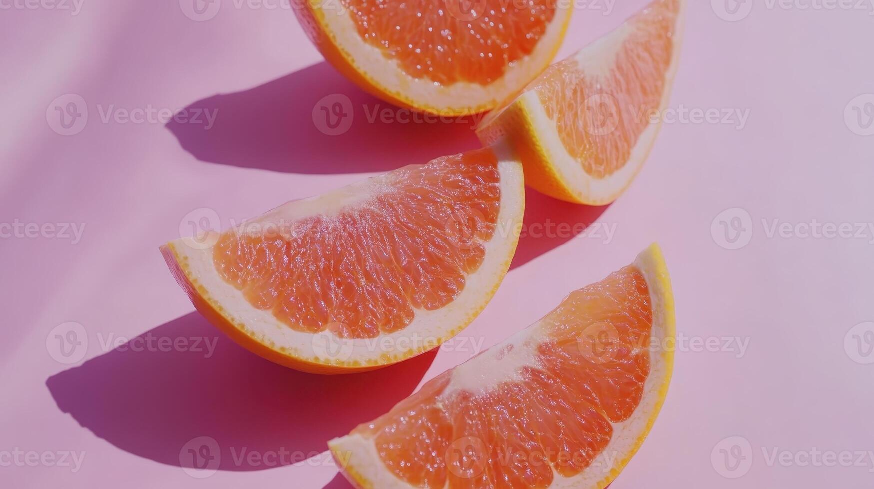 Freshly sliced grapefruit arranged stylishly on a pastel pink background creates a vibrant summer atmosphere photo