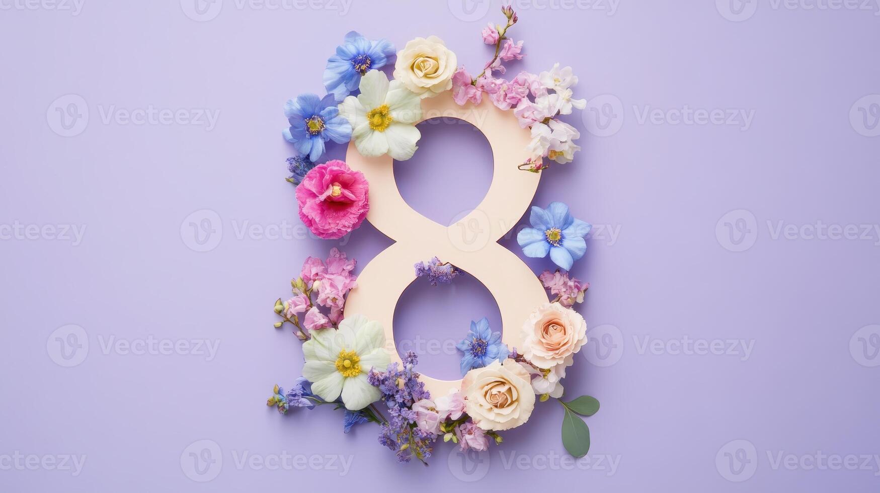Floral arrangement of number eight on a pastel background showcasing vibrant colors and delicate blooms for a celebration photo