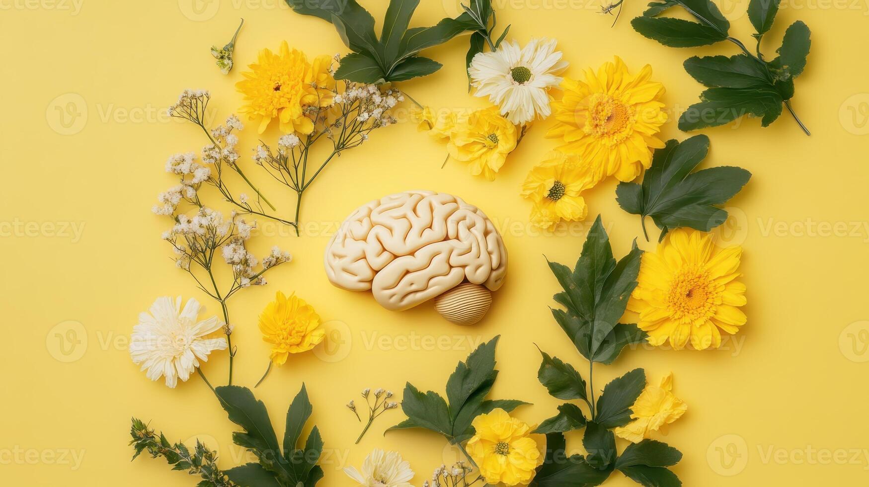 Colorful arrangement of a brain model surrounded by various yellow flowers and green leaves on a bright yellow background photo