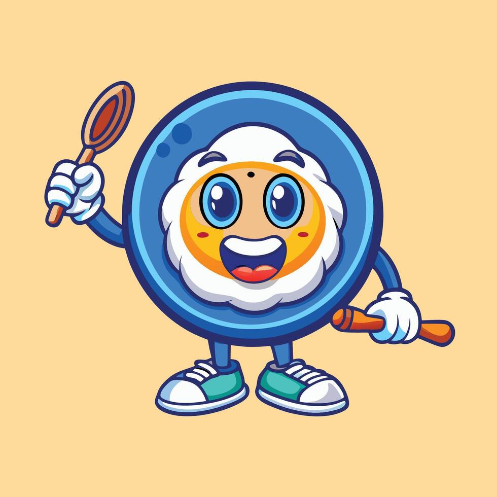 Smiley Faced Sunny Side Up Egg Mascot on Frying Pan Logo vector