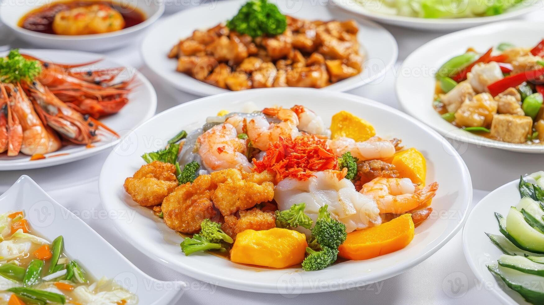 Delicious seafood and chicken dishes served on a table at a restaurant in the evening, showcasing a variety of colorful platters photo