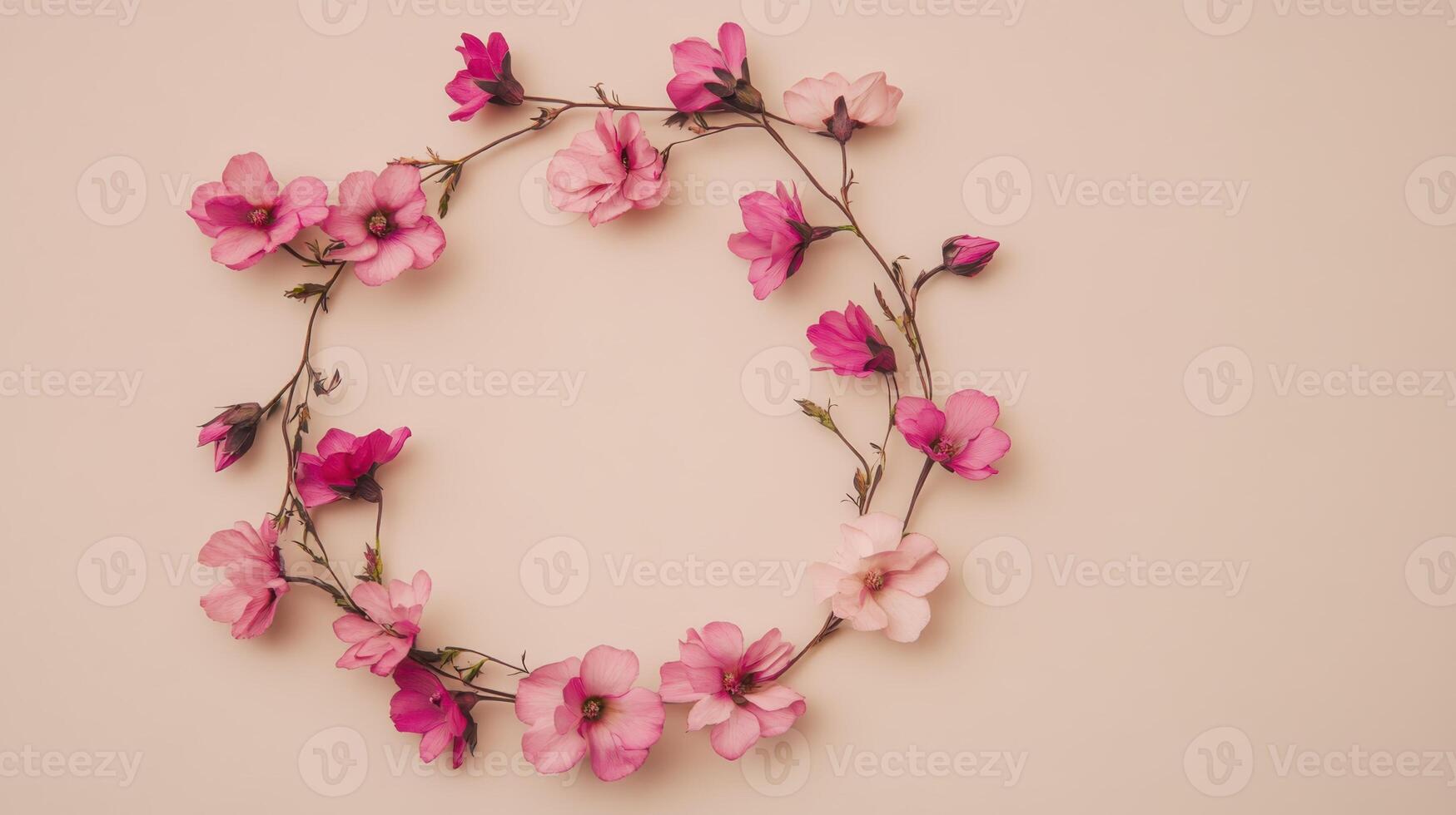 Floral wreath made of pink and fuchsia blossoms arranged on a light background creating a serene decorative piece photo