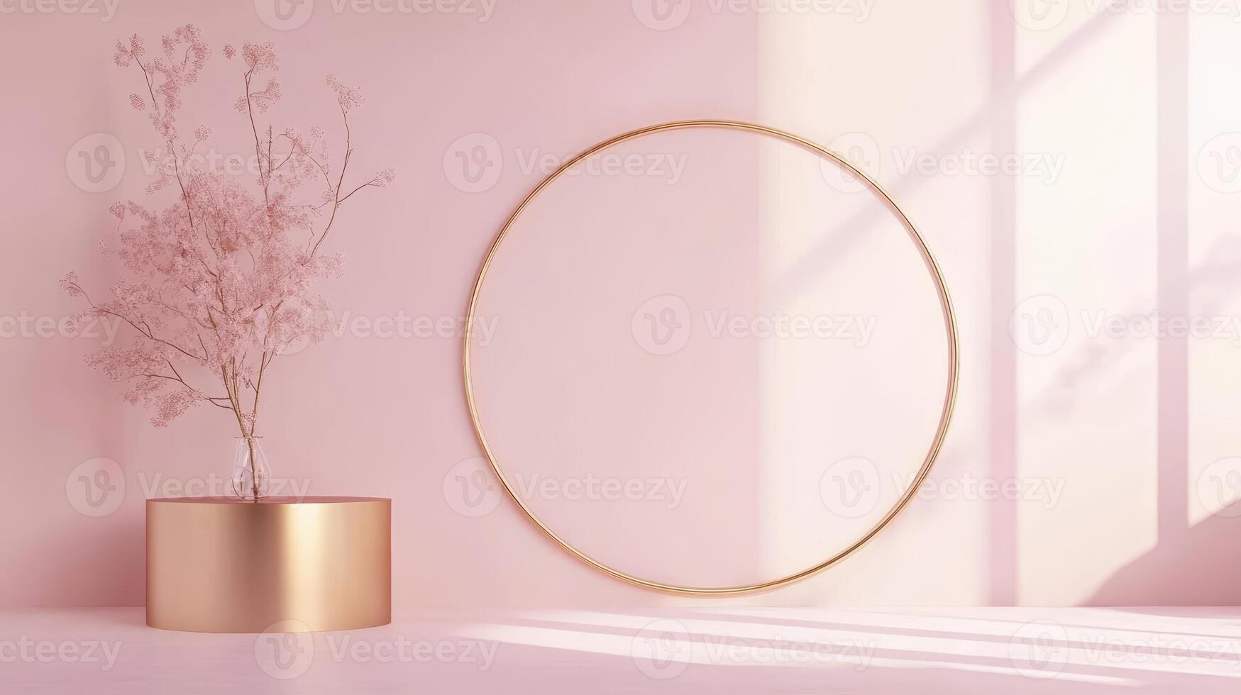 Elegant decor with a minimalist round mirror and pastel floral arrangement in a softly lit interior setting photo