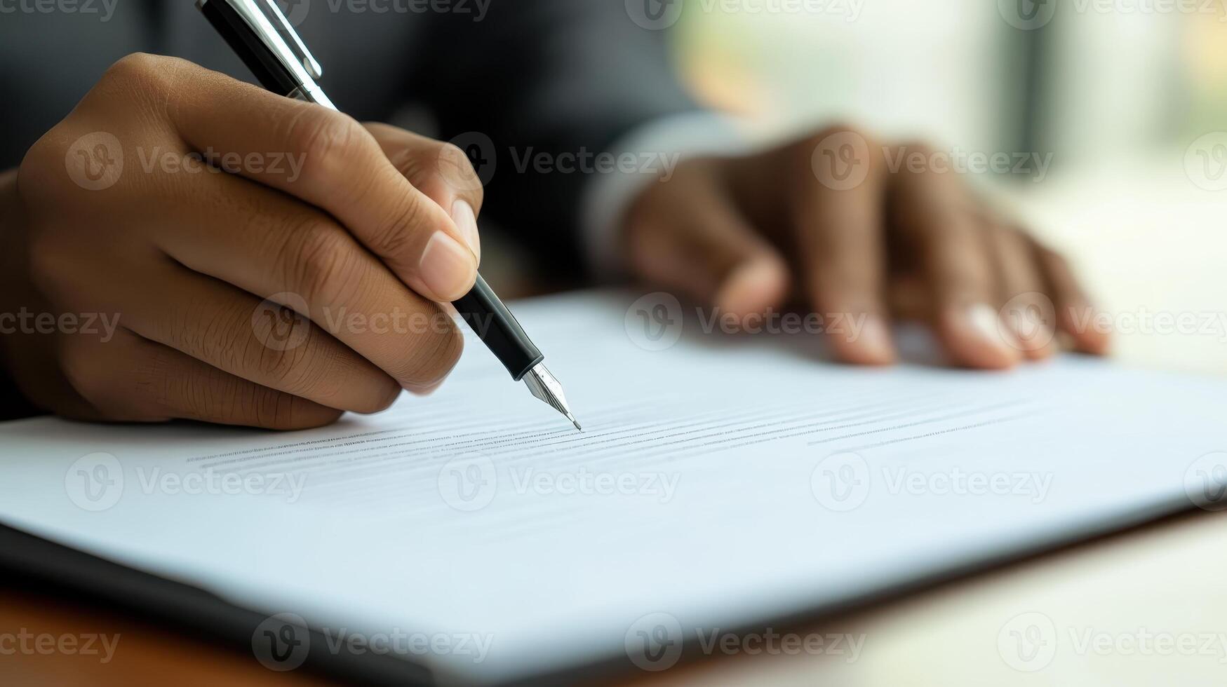 A person is diligently writing on an important document while seated at a desk in a professional office environment during daylight hours photo