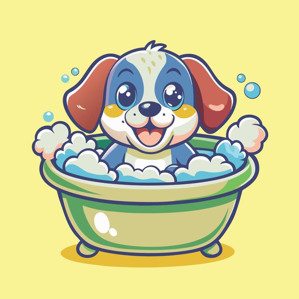 Adorable Puppy Enjoying a Refreshing Bath A Delightful Moment of Animal Care and Cuteness vector