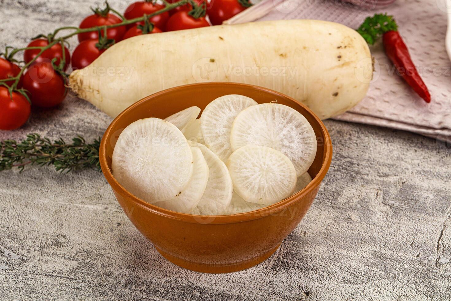 A bowl of sliced potatoes and vegetables on a table photo