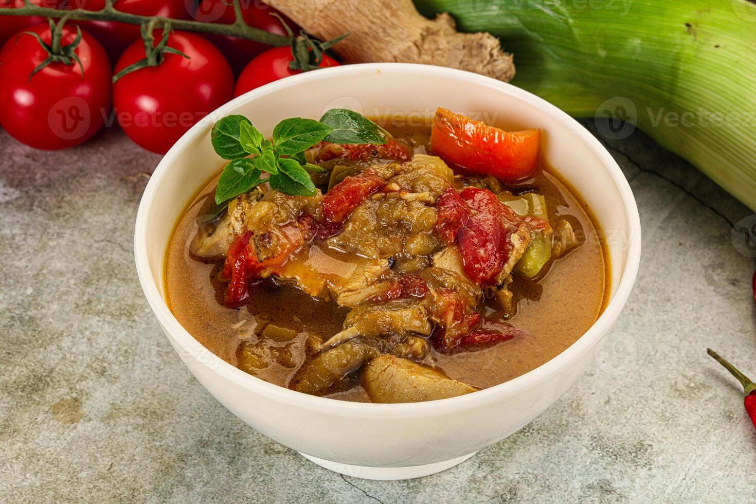A bowl of stew with vegetables and tomatoes photo