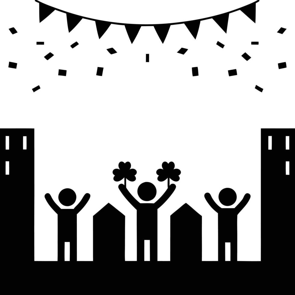 St Patricks Day celebration with people in green attire, confetti falling over the street, and a festive atmosphere during the city parade vector