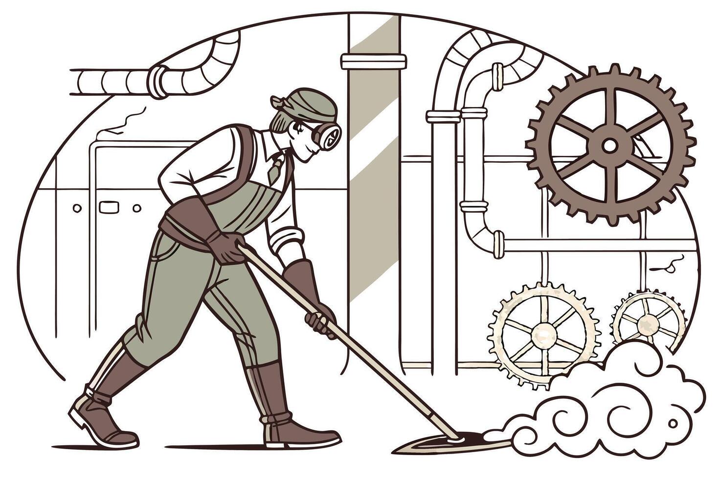 Steampunk style worker cleaning the factory floor with a mop, gears and mechanical pipes in a vintage industrial environment vector