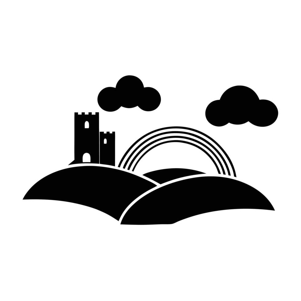 black and white illustration featuring a castle, rolling hills, and a rainbow, perfect for St Patricks Day designs vector