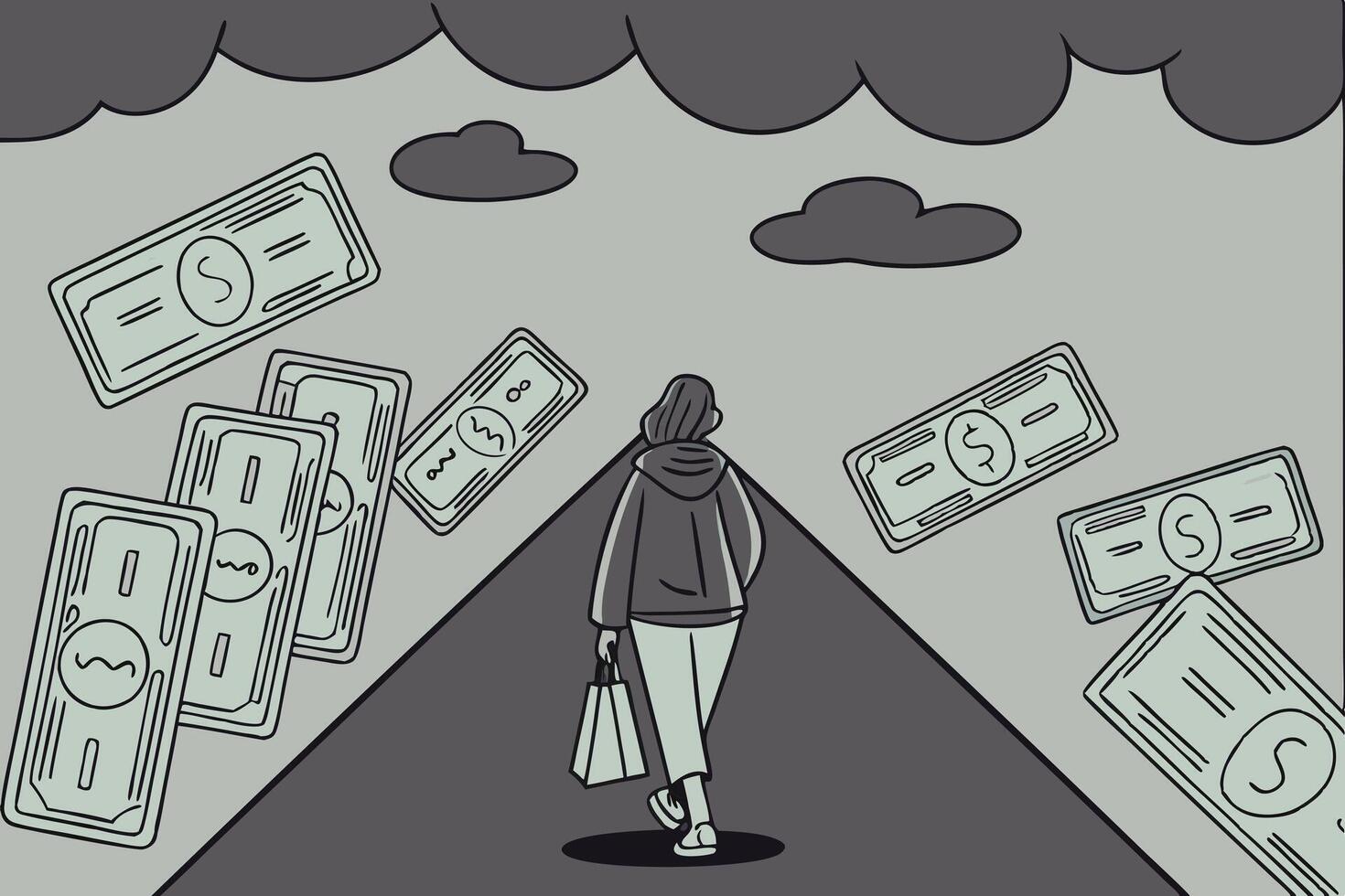 A person walking alone in a dark alley, money falling from the sky, representing the weight of financial burden and emotional struggles vector