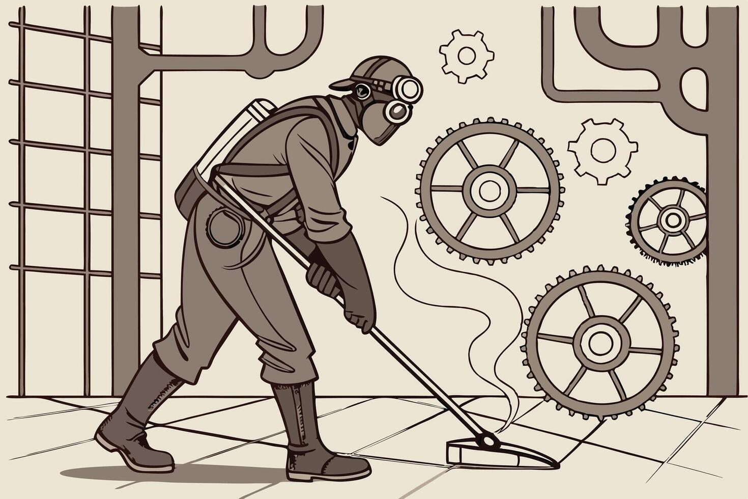 Steampunk janitor mopping in a factory with mechanical gears, steam and pipes in the background, industrial vintage theme vector