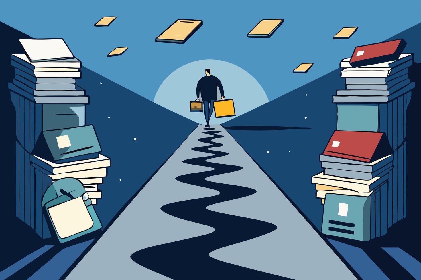A figure in a maze of paperwork facing challenges on the way to approval and success in a business world vector