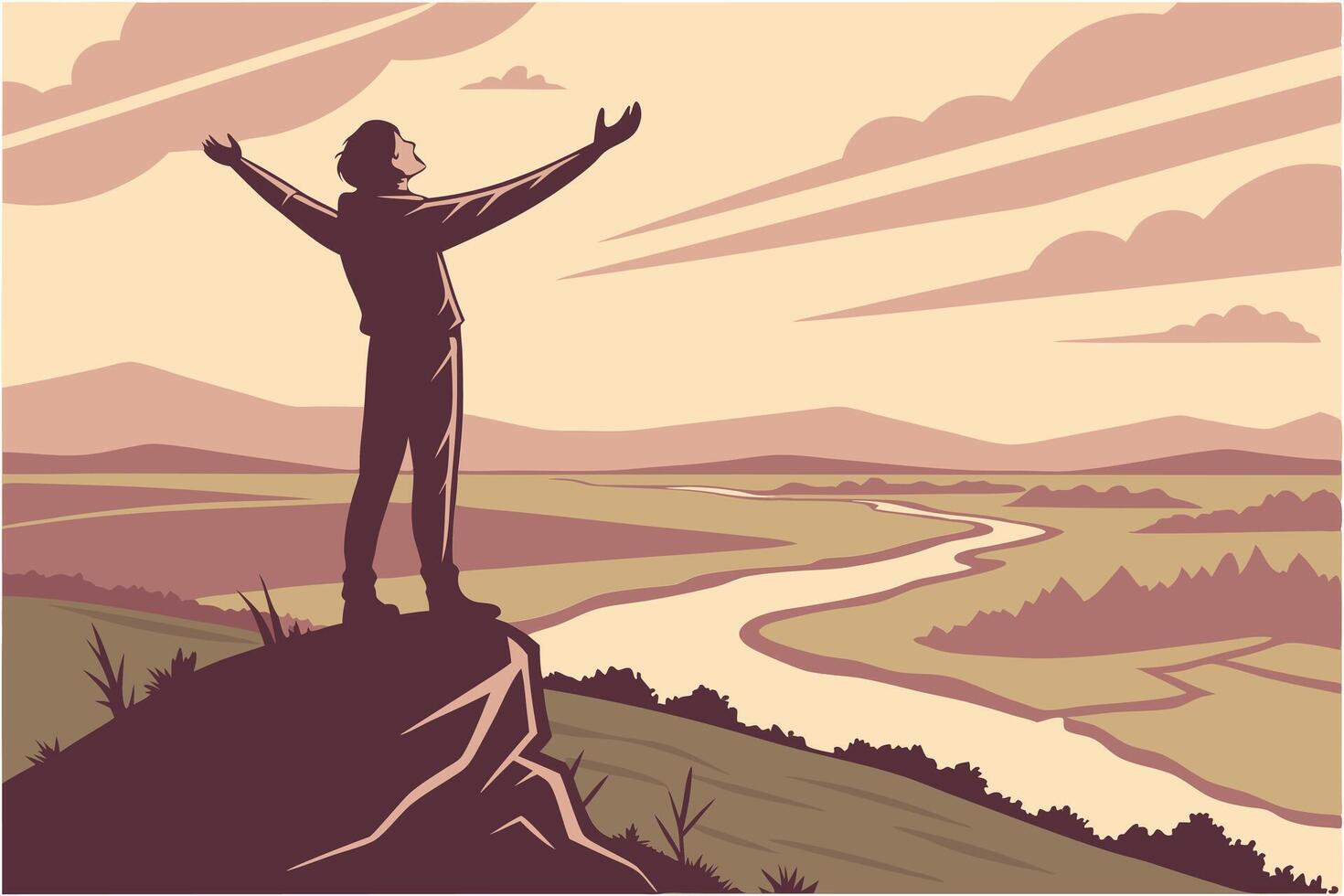 Silhouette of a person standing on a rocky mountain summit, arms raised, basking in the golden light of a sunset, symbolizing freedom and accomplishment vector