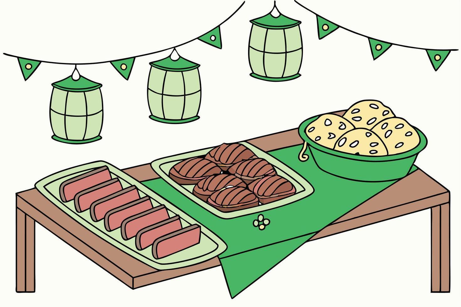 St Patricks Day festive feast with platters of traditional food, green lanterns, and vibrant decorations, creating a joyful holiday atmosphere vector