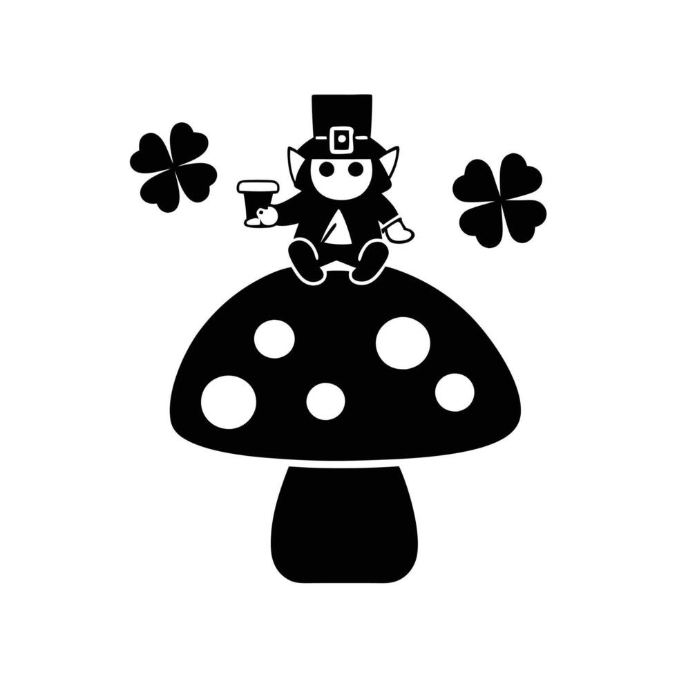 Whimsical St Patricks Day scene with a leprechaun on a mushroom, holding a pint of green beer, clovers, and a magical, playful atmosphere vector