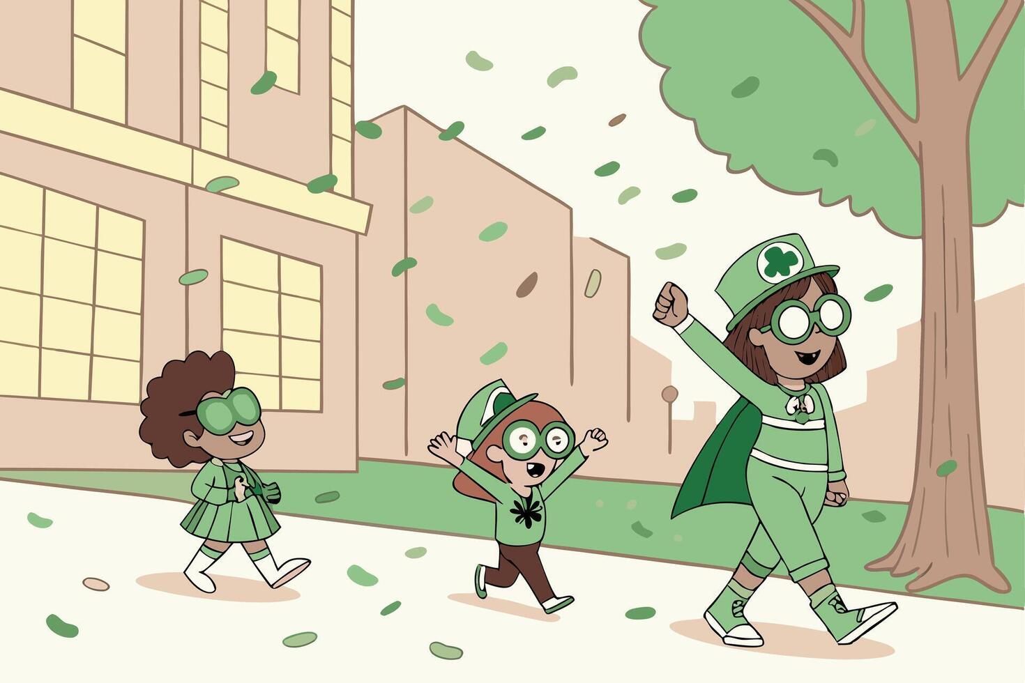 St Patricks Day street celebration with joyful people in green, confetti falling, and a festive parade atmosphere in an urban setting vector