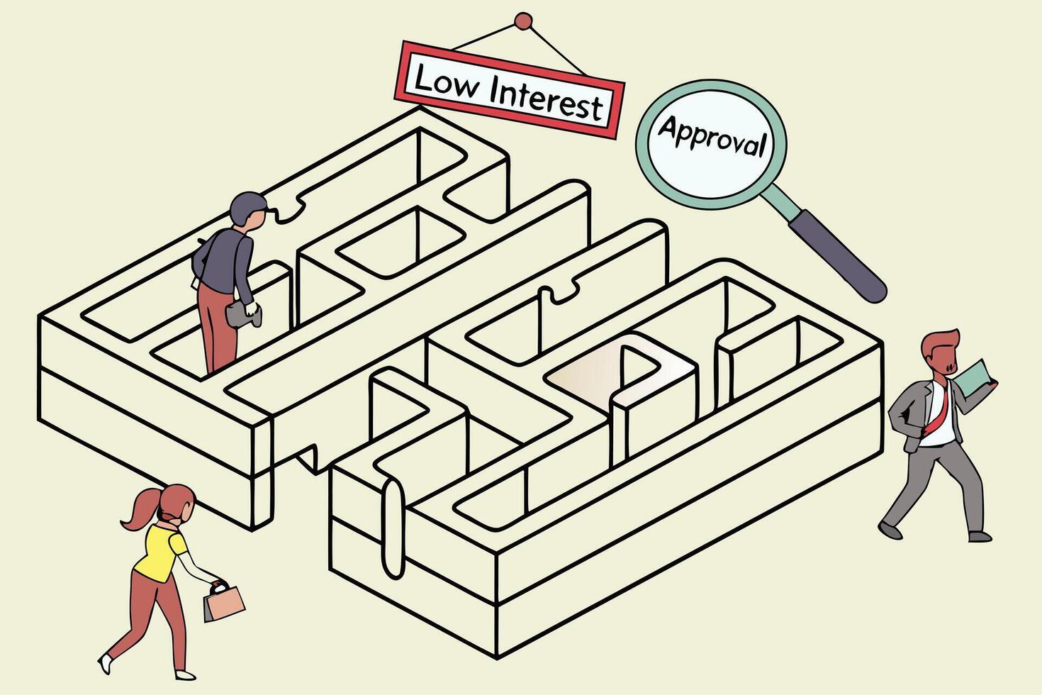 A corporate maze illustrated through large stacks of paper, where individuals face barriers in obtaining approval and overcoming interest challenges vector