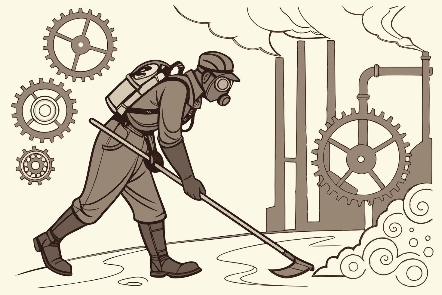 Steampunk janitor cleaning with a mop in an industrial factory setting, gears and smoke in the background vector