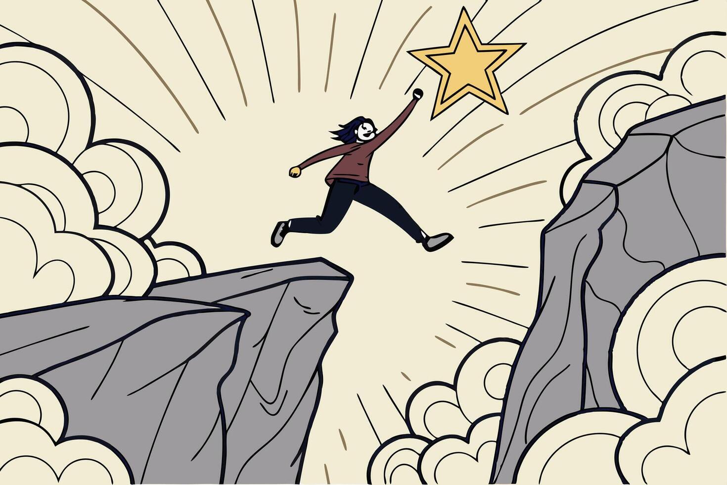 Dynamic and colorful digital art showing a figure jumping towards a shining star, representing the pursuit of dreams and goals through effort and determination vector