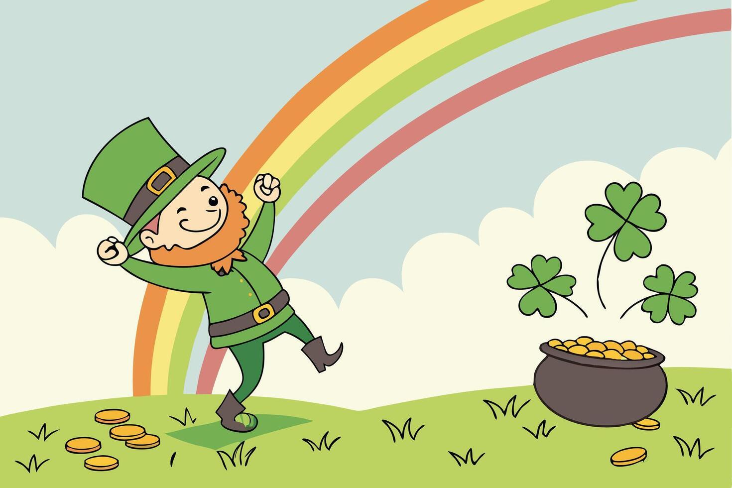 playful leprechaun dancing joyfully in a sunny meadow with clovers, under a rainbow, spreading St Patrick Day joy and good fortune vector