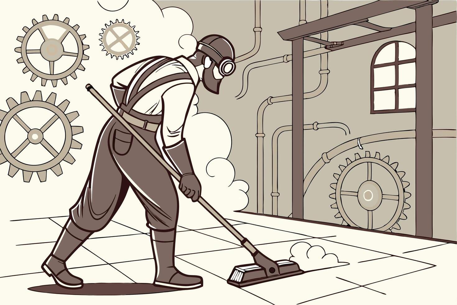 Worker in steampunk inspired attire using a mop to clean the factory floor, surrounded by large gears and industrial pipes vector