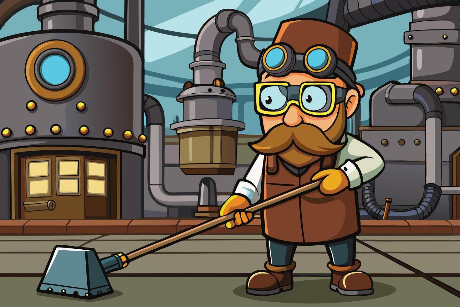 Vintage steampunk janitor cleaning factory floor with steam and gears, mechanical background with pipes in a mechanical style vector