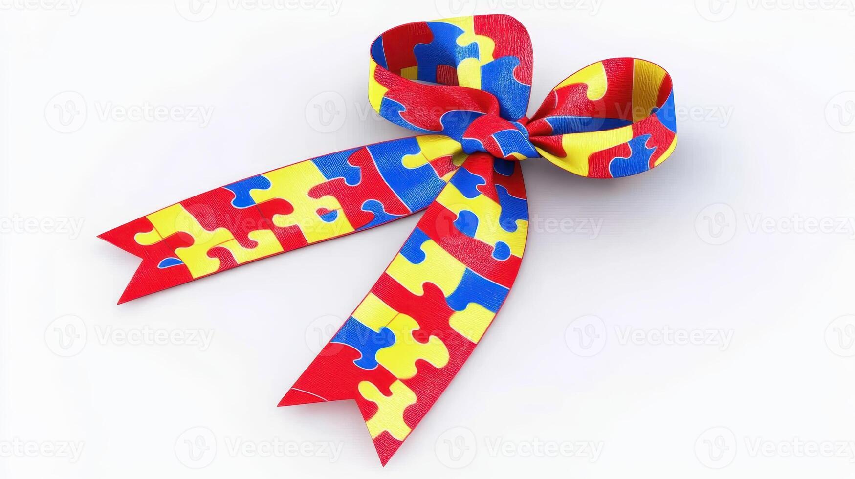 Colorful puzzle piece ribbon in bright red, yellow, and blue demonstrating support for autism awareness during a community event in spring photo