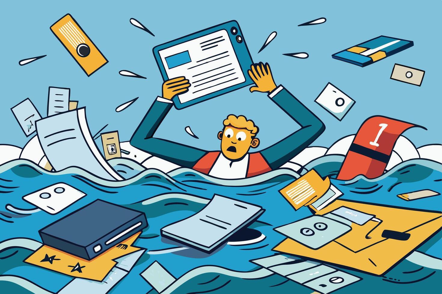 An abstract representation of a person drowning in a sea of financial documents, signifying stress from debts and overwhelming financial burdens vector