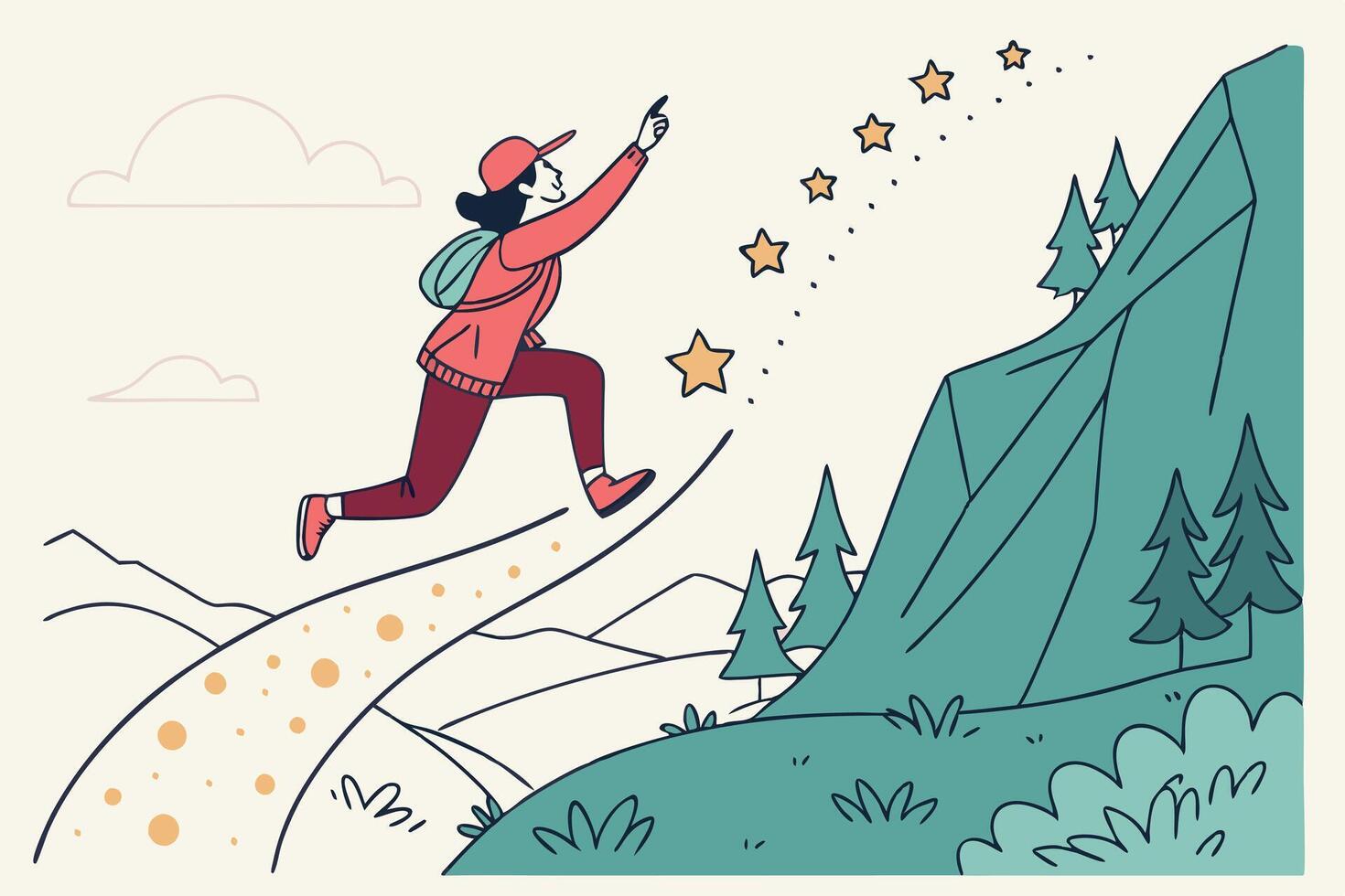 A vibrant and whimsical image of a person hiking up a mountain path, surrounded by stars and a lush landscape, representing adventure and growth vector