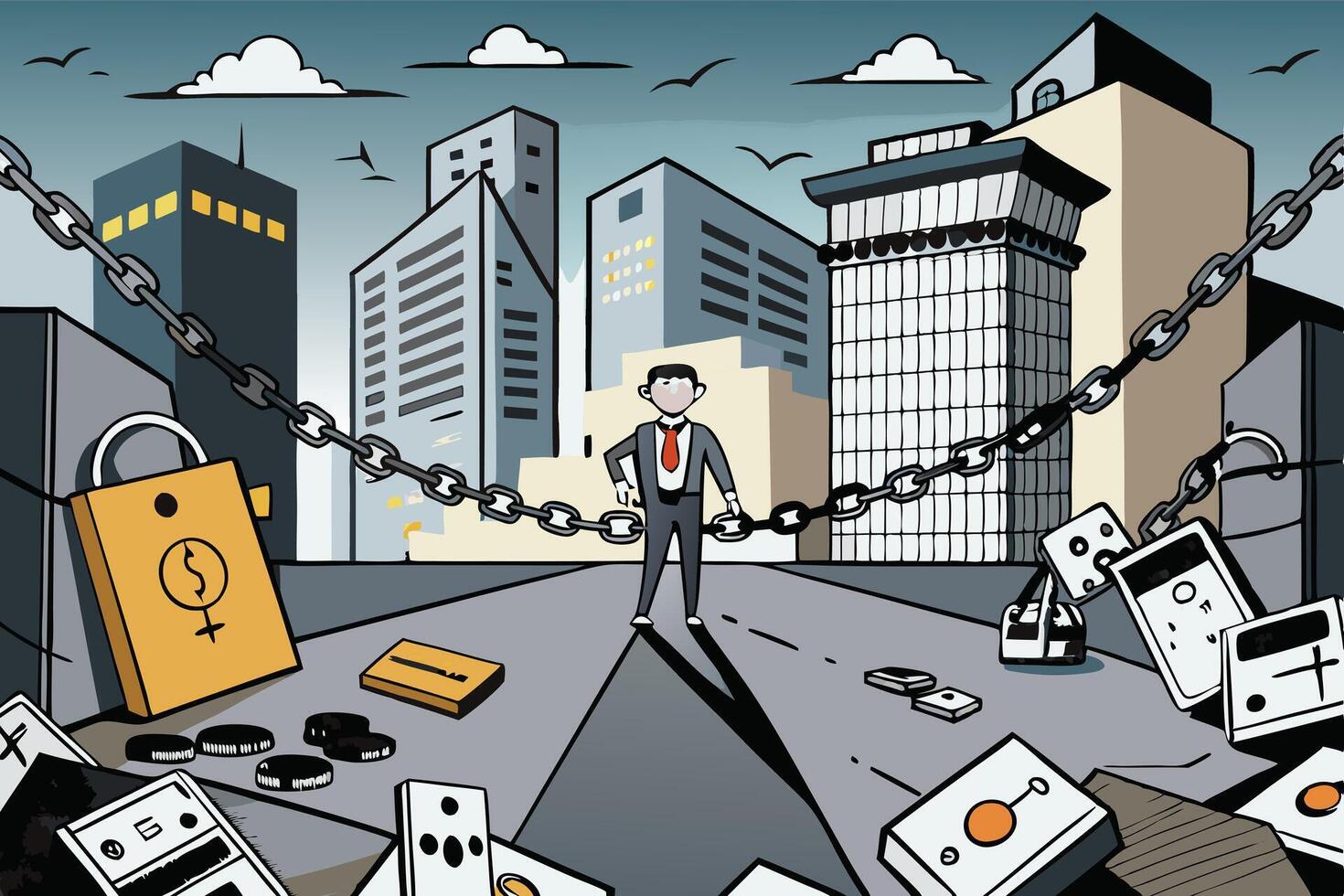 A conceptual image of a person walking through a city with money shackled to their foot, representing financial constraints and the weight of debt vector
