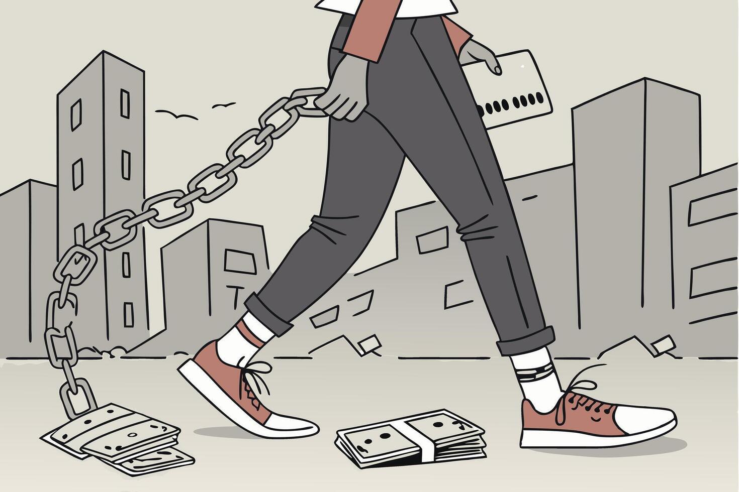 An illustration showing a person dragging a chain attached to money in an urban landscape, symbolizing financial burden and economic hardship vector