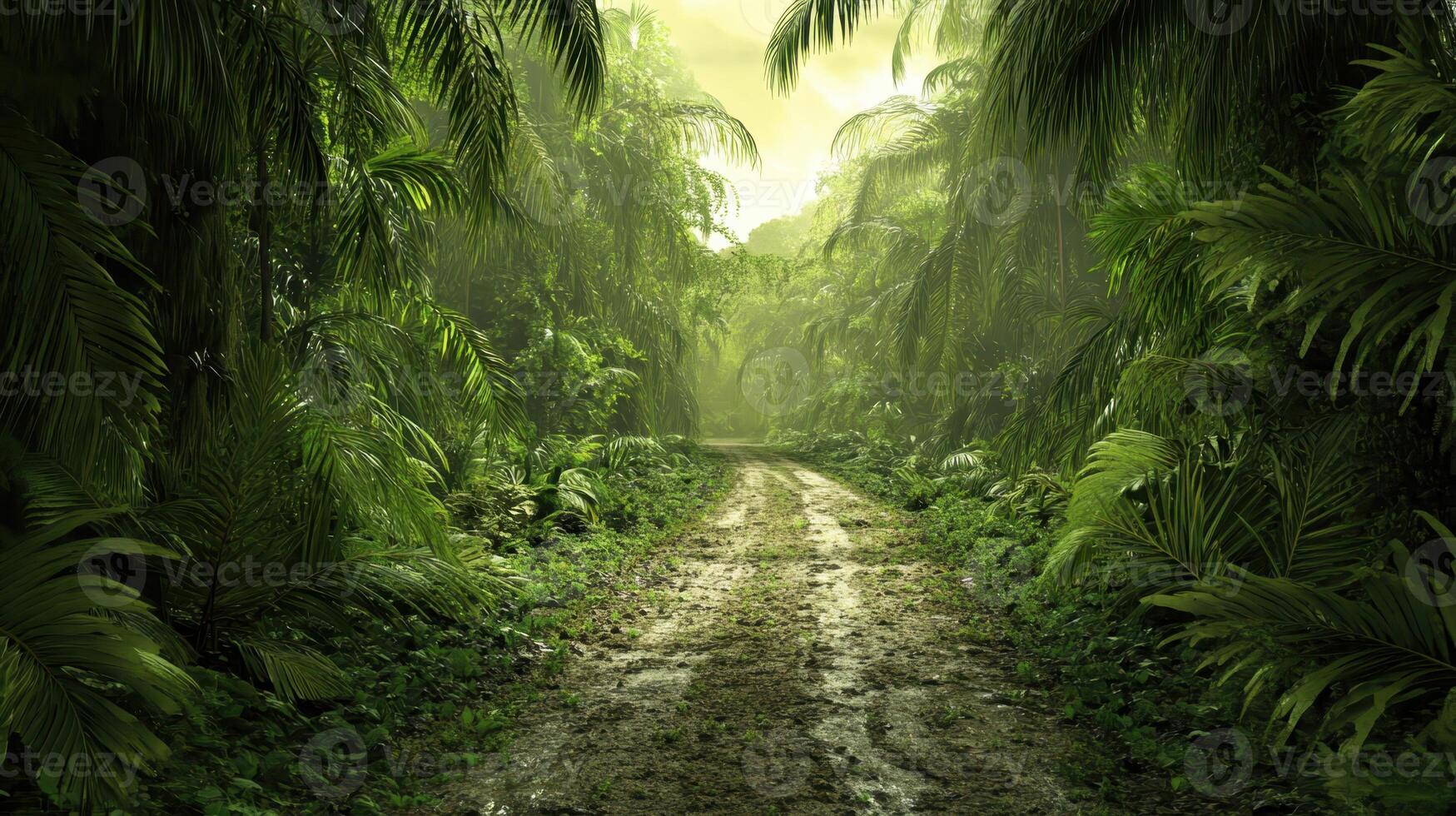 Lush green pathway through dense tropical forest during a misty morning surrounded by vibrant foliage and towering trees photo