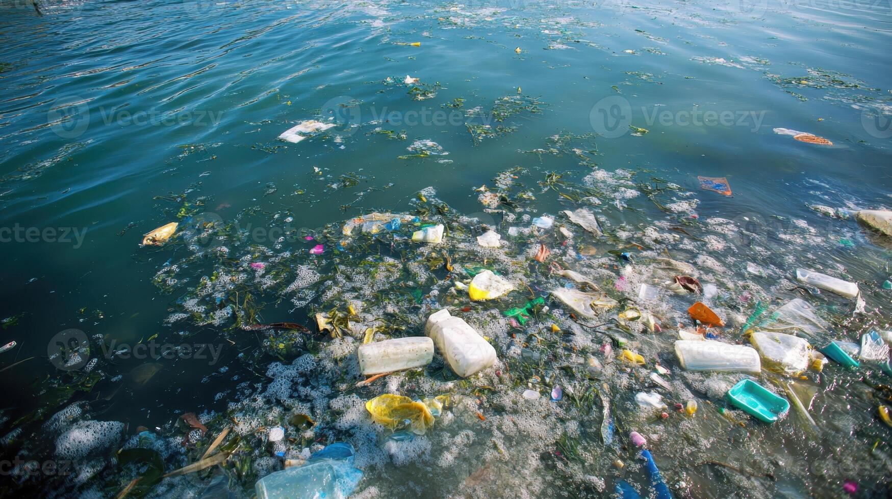 Pollution is visible in a water body filled with plastic waste and debris near a shoreline on a sunny day photo