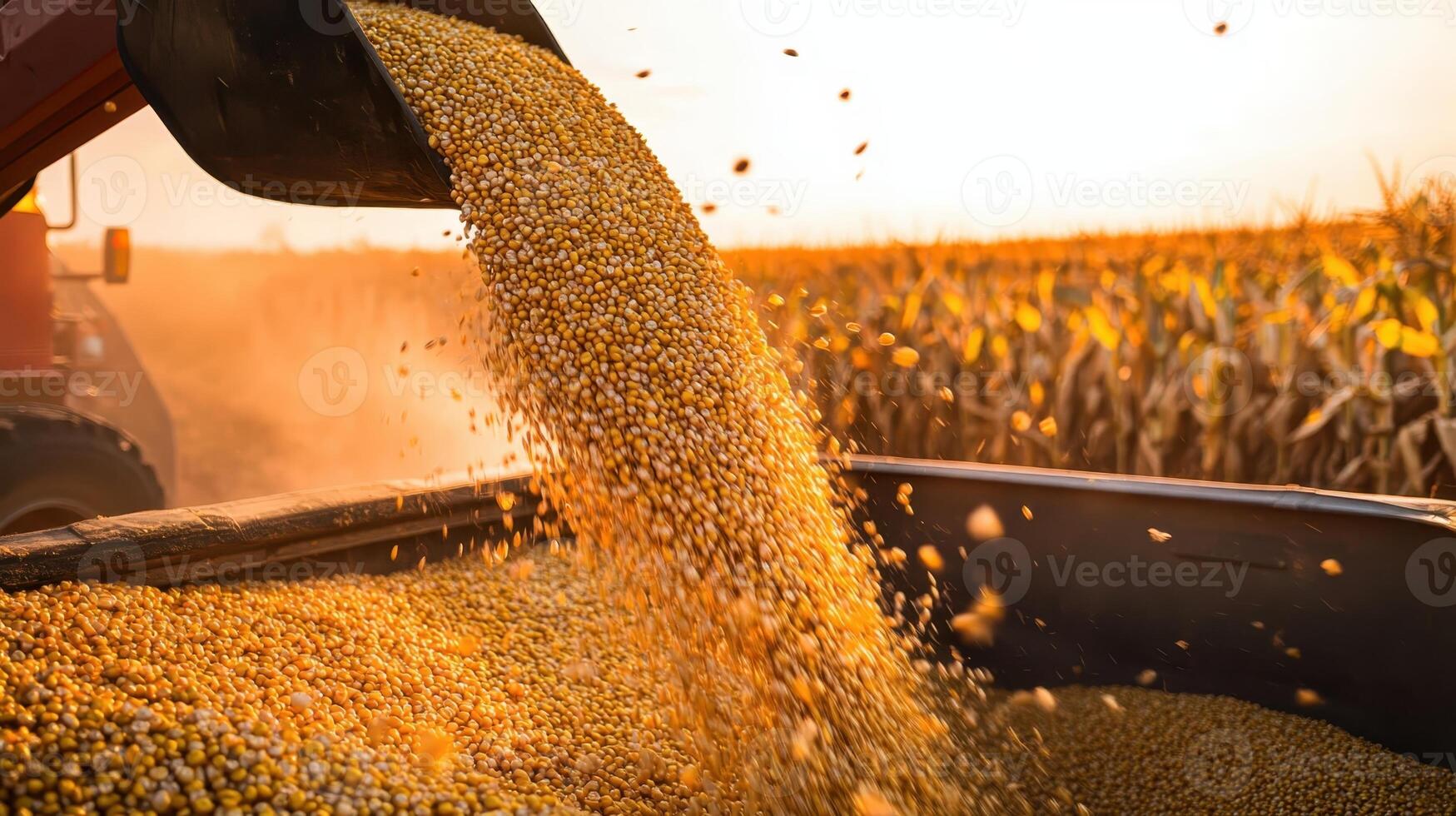 Farming equipment transferring harvested soybeans on a warm evening in a field surrounded by dry corn stalks photo