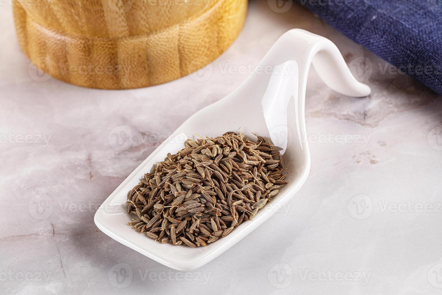 A spoon with a bowl of dried cumin seeds photo