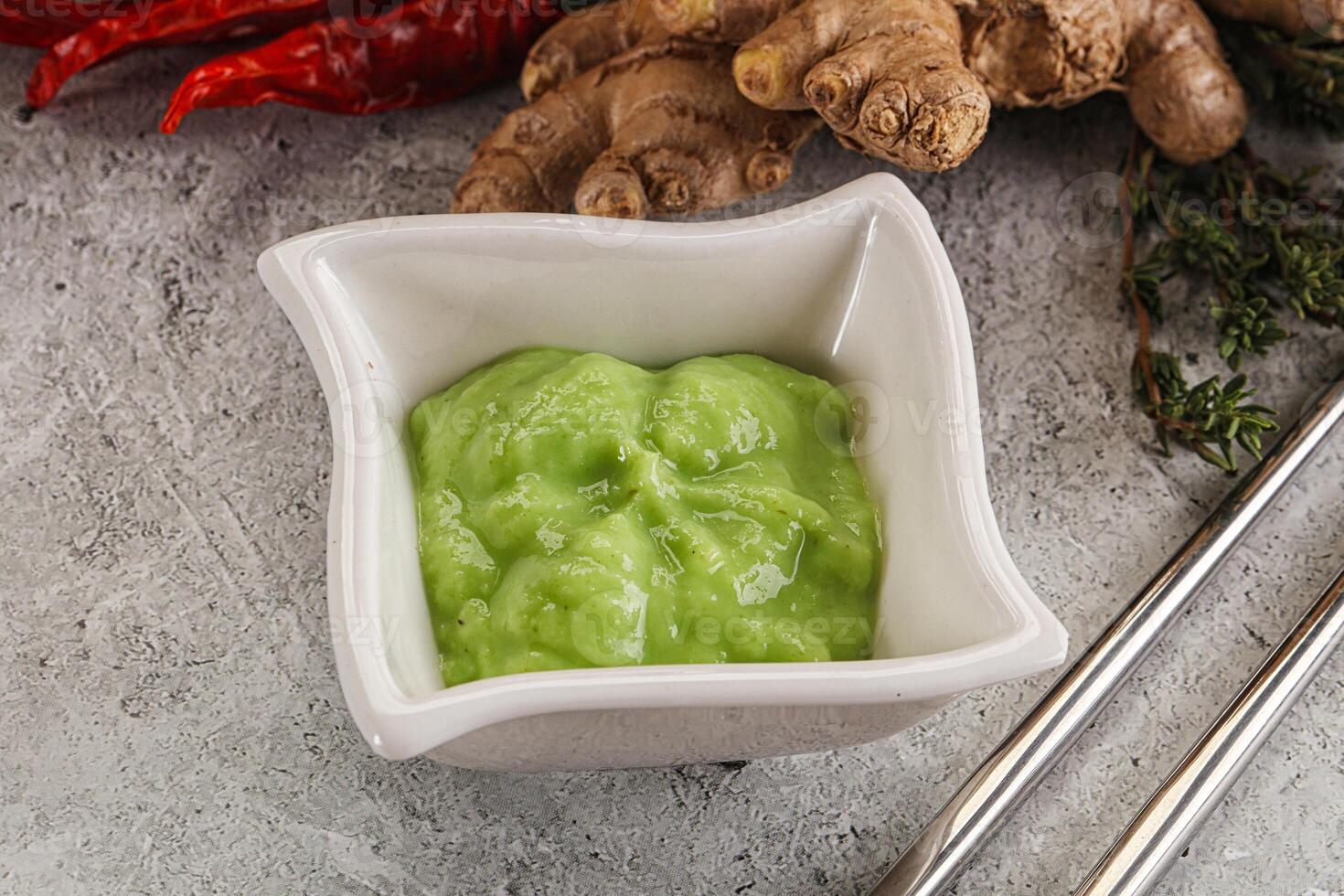 A bowl of green sauce photo