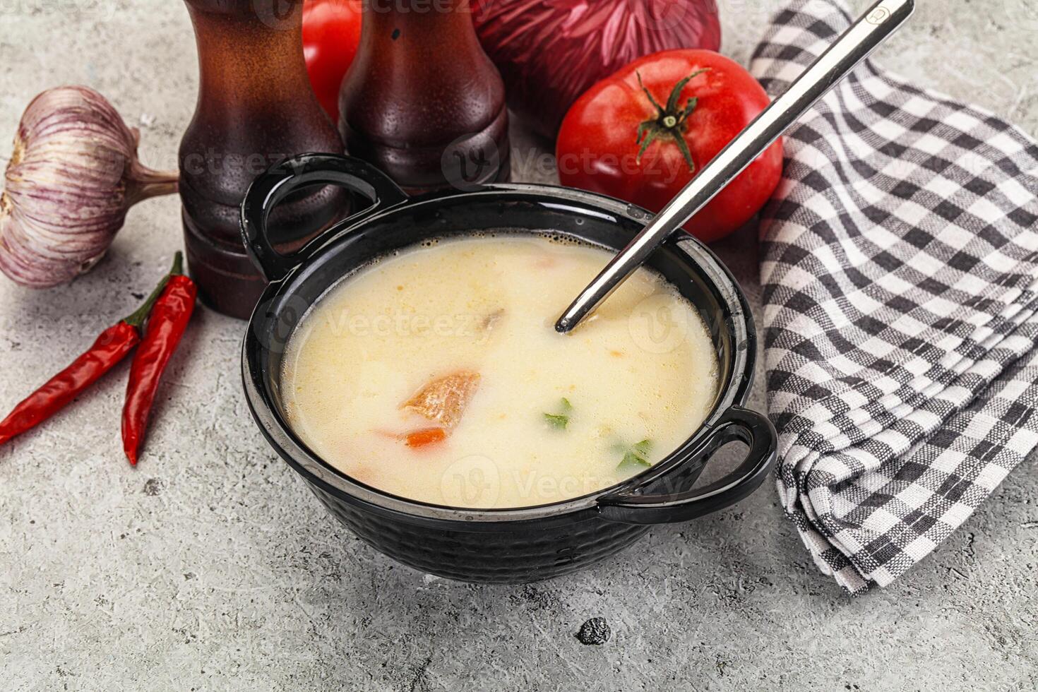 A bowl of soup with a spoon and vegetables photo