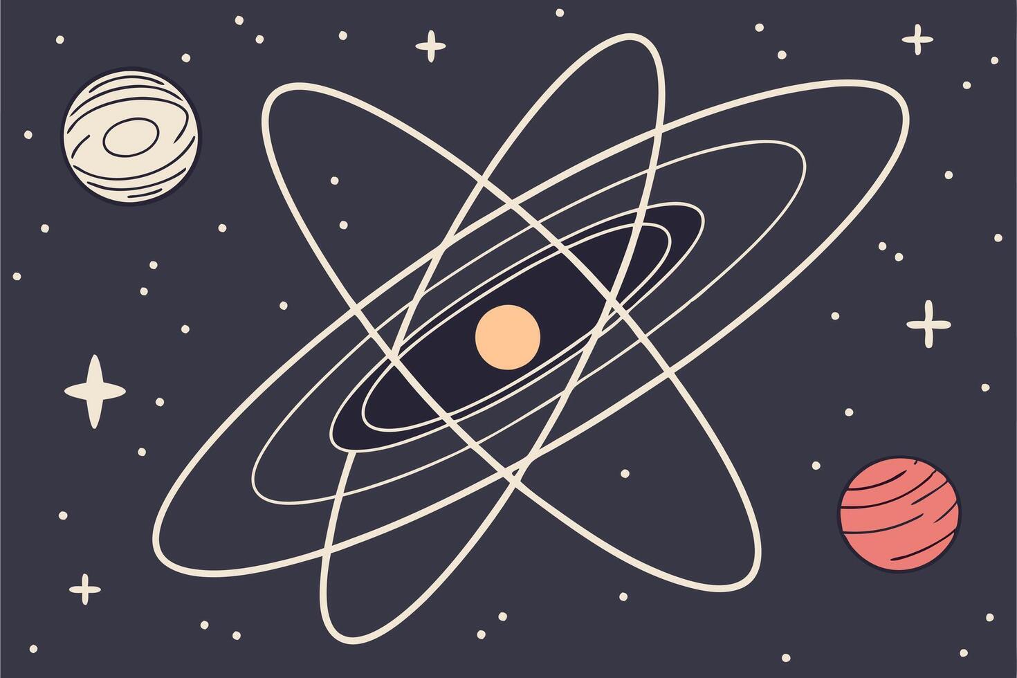 A digital painting of an electron orbiting a glowing atom in a dark cosmic space, illustrating the beauty of atomic structure and energy vector