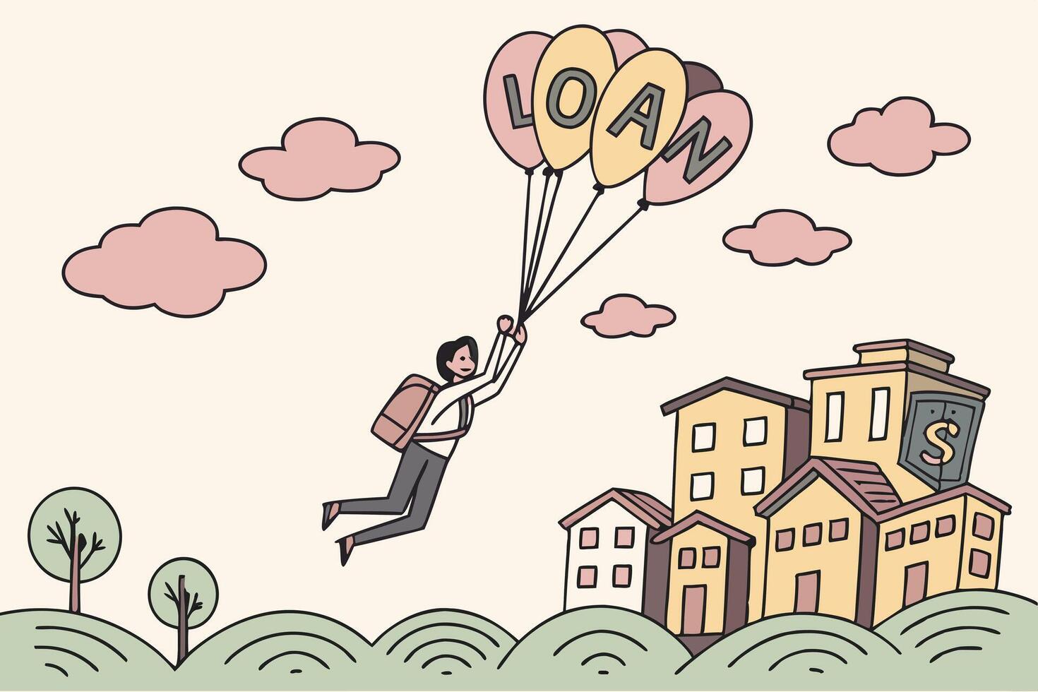 A whimsical scene where a person is holding onto a large balloon shaped like a dollar sign, flying above a city filled with money symbols vector