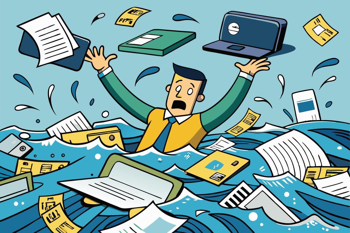 A person floating helplessly amidst a sea of bills and money, illustrating the feeling of drowning under financial responsibility and debt vector