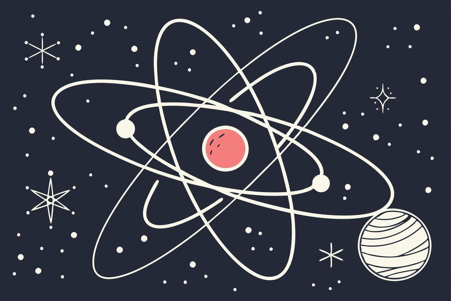 A colorful and vibrant depiction of an electron orbiting a glowing nucleus, symbolizing the dynamics of atomic energy in a creative cosmic setting vector