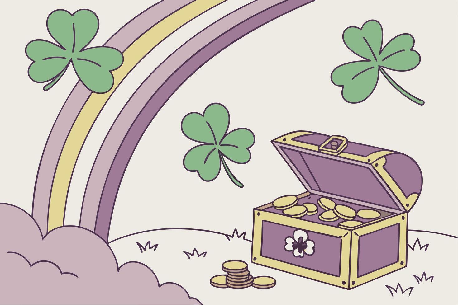 A surreal St Patricks Day scene with shamrocks floating in a dreamy, ethereal landscape beneath a vibrant rainbow and a sparkling treasure chest vector