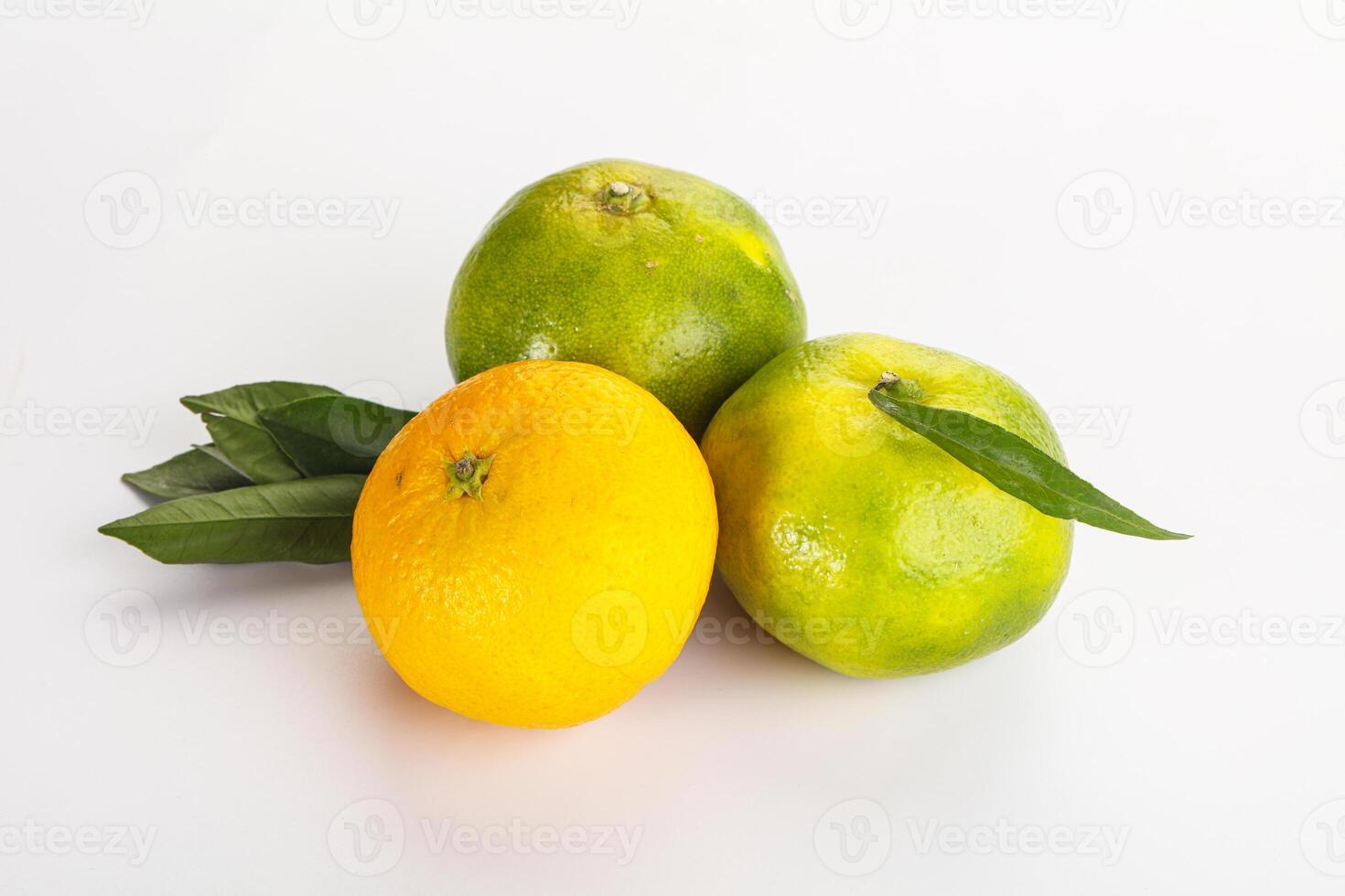 Three oranges and one lemon on a white background photo