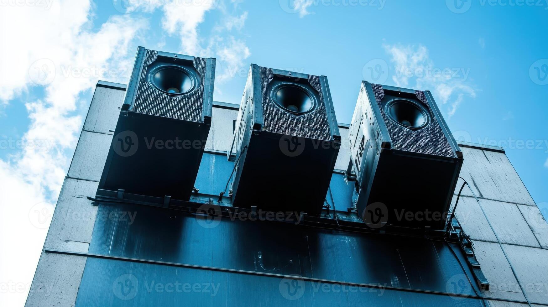 Large sound speakers mounted on a building exterior with a blue sky backdrop, showcasing urban architecture and vibrant sound technology photo